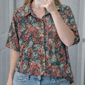 90s 100% Silk Womens Short Sleeve Button Up Blouse Floral Eclectic Cottagecore M